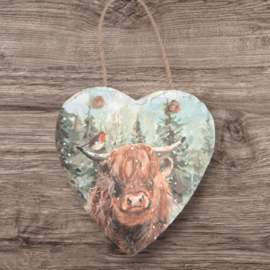 Highland Cow Christmas Slate Heart